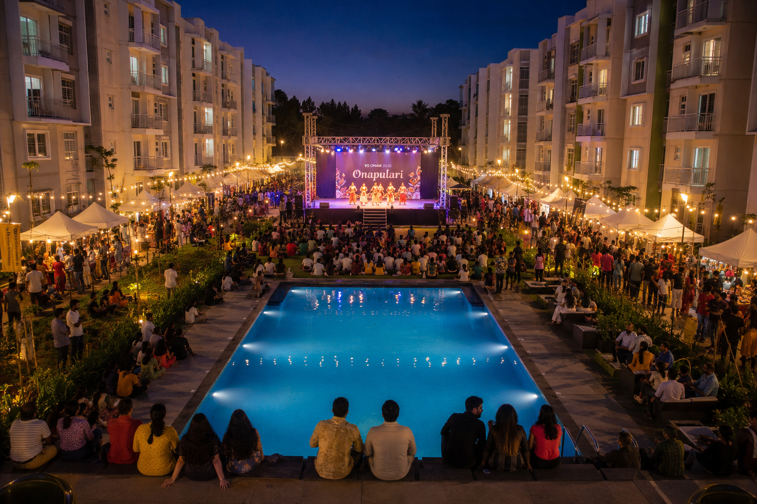 Onapulari stage at Vaishnavi Serene — the community gathered around the pool